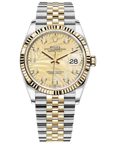 Rolex Datejust 36 Steel & Yellow Gold, Golden Palm-Motif Diamond Dial Women's Watch Model M126233-0043 (arb12060)