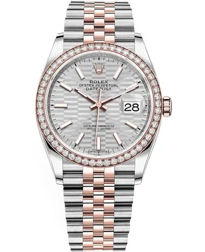 Rolex Datejust 36 Women's Watch Model M126281RBR-0021, Everose Gold Diamond Bezel & Silver Fluted Dial (arb12091)