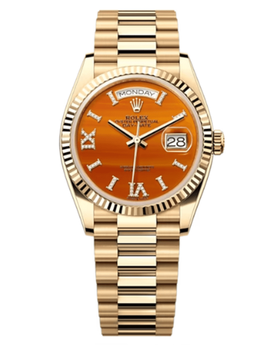 Rolex Day-Date Model M128238-0088 Yellow Gold Carnelian Diamond Roman Dial Women's Watch (orange, arb12249)
