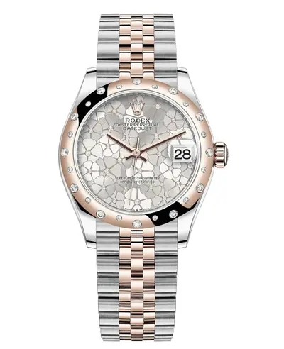 Rolex Datejust 31 Stainless Steel and Rose Gold Silver Floral-Motif Diamond Dial Domed Diamond Bezel Women's Watch Model M278341RBR-0032 (arb12411)