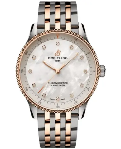 Authentic Breitling Navitimer 32 Quartz Mother of Pearl Diamond Dial Watch Model u77320e61a1u1 - 18K Rose Gold and Steel Case, Women's (arb12751)