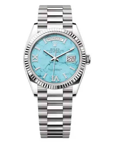 Rolex Day-Date Model M128239-0044: White Gold Turquoise Dial Diamond Roman Display Fluted Bezel Women's Watch (arb12253)