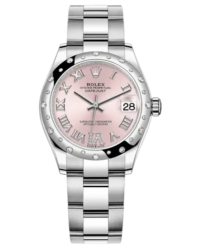 Rolex Datejust 31 m278344rbr-0025: White Rolesor Case (Oystersteel & White Gold), Pink Dial with Roman Numerals, Pave VI Diamond Bezel (pink, arb12417)