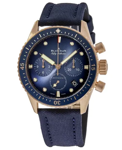 Authentic Blancpain Fifty Fathoms Bathyscaphe Model 5200-3640-O52B, Men's Luxury Flyback Chronograph Automatic Watch - Brushed Rose Gold Case with Blue Dial and Ceramic Bezel (blue, arb10811)