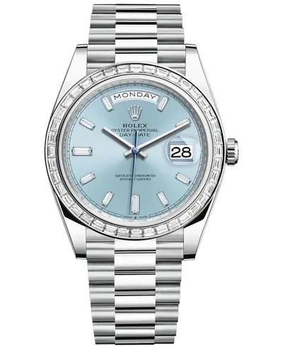 Rolex Day Date 40 Platinum Ice Blue Diamond Dial Diamond Bezel Mens Watch Model M228396TBR-00 "New Authentic" M228396TBR-0002 (blue, arb12315)