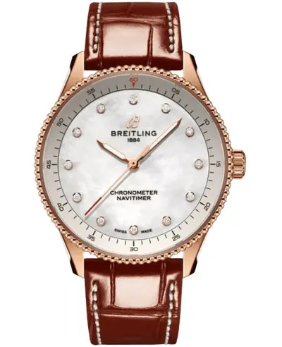 Breitling Navitimer 32 Quartz Mother of Pearl Diamond Dial - 18K Rose Gold Folding Clasp Brown Alligator Leather Strap Women's Watch (Model: R77320E61A1P1) (arb12671)