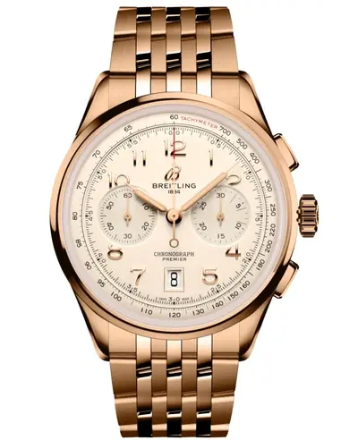 Authentic Breitling Premier B01 Chronograph Men's Watch in Rose Gold Case with Cream Dial, Article RB0145371G1R1 (arb12691)