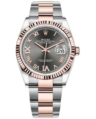 Rolex Datejust 36 Women's Watch Model M126231-0024, Steel & Rose Gold Case with Slate Diamond Pave Roman Dial (arb12037)