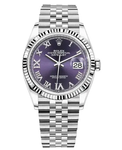Rolex Datejust 36 Model M126234-0021, Women's Watch - Steel & White Gold Pave Diamond Roman Dial (violet, arb12067)