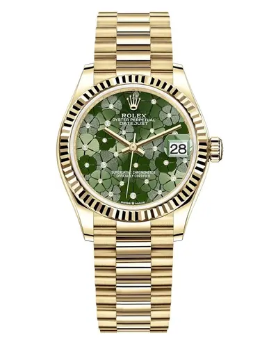 Authentic Rolex Datejust 31 Yellow Gold with Olive Green Floral-Motif Diamond Dial Women's Watch Model M278278-0046 (green, arb12403)