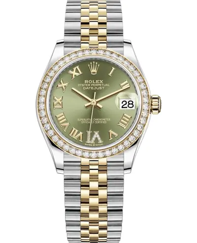Rolex Datejust 31 Model M278383RBR-0016 Yellow Rolesor Stainless Steel Olive Green Dial Roman Diamond Bezel Women's Luxury Automatic Watch (green, arb12423)