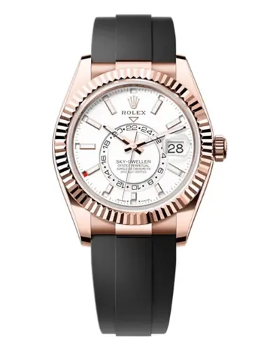 Rolex Sky-Dweller Men's Watch Model M336235-0003 Rose Gold 18kt Polished Oysterflex Strap with Clasp Fluted Ring Command Automatic Chronometer Movement GMT Date Power Reserve Off Center Dial Subdials (white, arb12472)