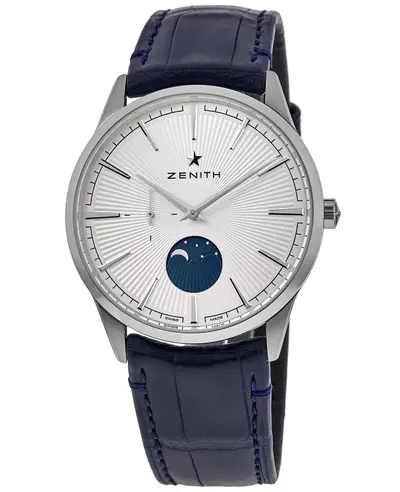 Authentic New Zenith Elite Automatic Moonphase Men's Watch with Silver Dial, Leather Strap - Model 03.3100.692/01.C922 (arb9268)