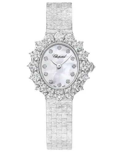 Brand New Authentic Chopard L'Heure Du Diamant Oval Manual Winding Mother of Pearl Dial Diamond Bezel 18K White Gold Women's Watch Model 10A393-1126 10A393-1106 (arb9340)