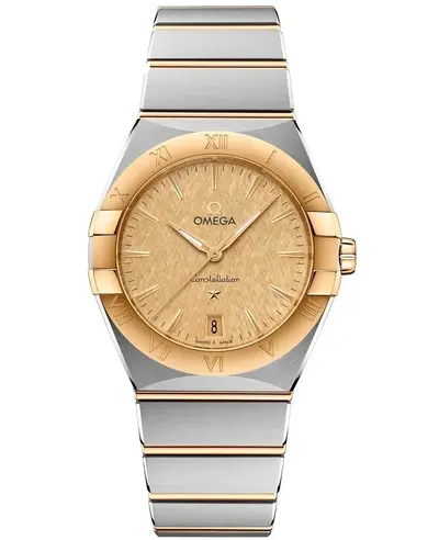 Brand New Authentic Omega Constellation Quartz 36mm - Model 13120366008001, Yellow Gold & Stainless Steel Case, Champagne Dial with Date 131.20.36.60.08.001 (arb9447)