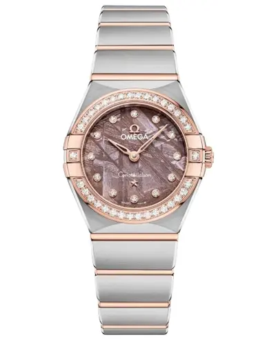 Brand New Authentic Omega Constellation 25mm Quartz Lilac Dial Diamond Bezel Rose Gold and Steel Women's Luxury Watch Model 131.25.25.60.99.001 (violet, arb9467)