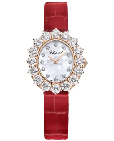 Chopard L'Heure Du Diamant Model 13A393-5106 13a393-5106 Oval Manual Winding Mother of Pearl Dial Diamond Bezel 18K Rose Gold Red Leather Strap Women's Watch (arb9558)