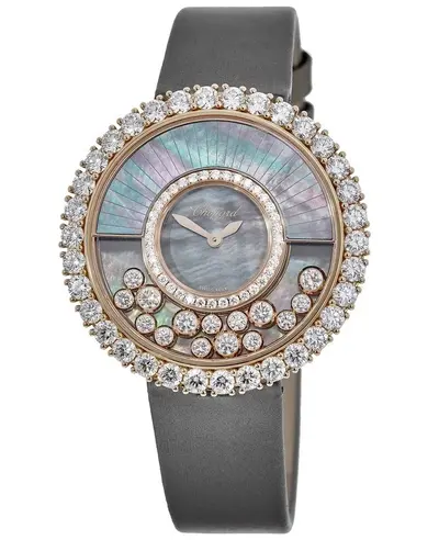 Chopard Happy Diamonds Joaillerie 204035-5001, Black Mother of Pearl Dial with Floating Diamonds, Polished 18K Rose Gold Case and Fabric Strap (black, arb9644)