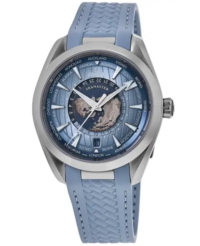 Omega Seamaster Aqua Terra 150M Worldtimer Summer Blue Dial Rubber Strap Men's Watch Model 220.12.43.22.03.002 (blue, arb9819)
