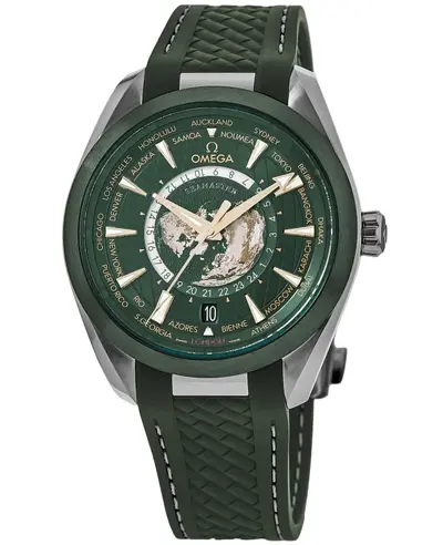 OMEGA Seamaster Aqua Terra Co-Axial GMT Worldtimer Automatic Green Dial Rubber Strap Men's Watch Model 220.32.43.22.10.001 (green, arb9861)
