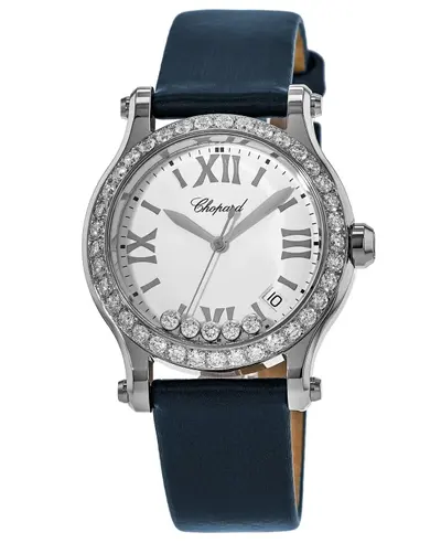 Chopard Happy Sport Medium 36mm Custom Diamond Bezel Navy Blue Satin Strap Watch Model 278582-3001S-CD (white, arb10029)