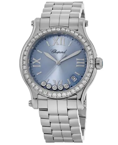 Chopard Happy Sport Medium 36mm Light Blue Dial Custom Diamond Bezel Steel Women's Watch Model 278582-3008-CD (blue, arb10035)