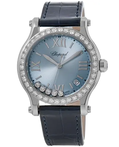 Chopard Happy Sport Medium 36mm Blue Floating Diamond Dial Custom Diamond Bezel Leather Strap Women's Watch Model 278582-3008-CDA (blue, arb10036)