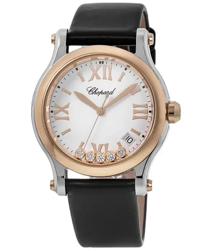 Chopard Happy Sport Medium 278582-6001S Rose Gold Floating Diamonds Bezel Black Satin Strap Women's Watch (white, arb10042)