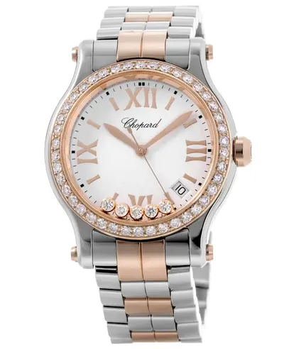 Chopard Happy Sport Medium, Model 278582-6002-CD, White Dial with Custom Diamond Bezel (white, arb10046)