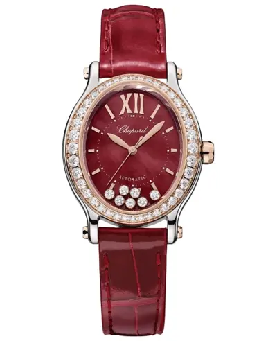 Chopard Happy Sport Oval 7 Floating Diamonds Mother of Pearl Dial 18K Rose Gold Diamond Bezel Red Leather Strap Women's Watch Model: 278602-6005 (red, arb10070)