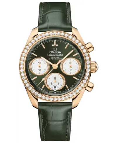 Omega Speedmaster Co-Axial Chronograph Green Dial Diamond Bezel 18K Rose Gold - Model: 32458385060001 324.58.38.50.60.001 (green, arb10218)