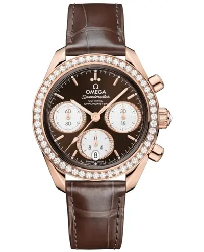 Omega Speedmaster Co-Axial Chronograph 38mm Automatic Brown Dial Diamond Bezel Sedna Rose Gold Case with Leather Strap Model: 32458385063001 324.58.38.50.63.001 (brown, arb10219)