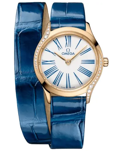 Omega De Ville Tresor Mini Quartz White Dial Diamond Bezel 18K Yellow Gold Leather Strap Women's Watch Model 42858266004002 428.58.26.60.04.002 (white, arb10482)