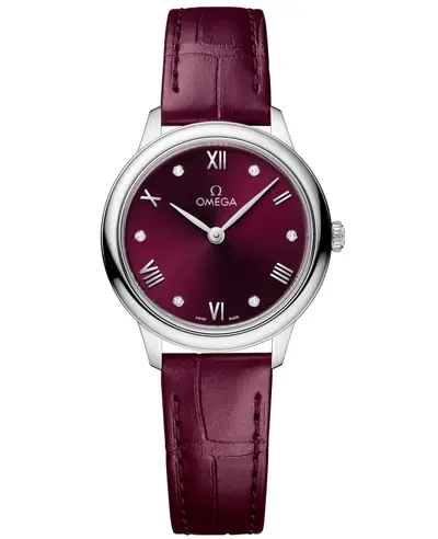 434.13.28.60.61.001 Omega De Ville Prestige Quartz Watch Burgundy Diamond Dial 27.5mm Stainless Steel Case Alligator Leather Strap (arb10540)