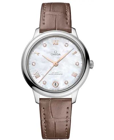 Omega De Ville Prestige Co-Axial Master Chronometer 34mm Automatic Mother of Pearl Diamond Dial Taupe Leather Strap Women's Watch Model: 434.13.34.20.55.001 (arb10547)