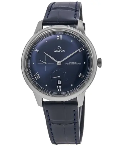 Omega De Ville Prestige Co-Axial Chronometer Power Reserve, 41mm Automatic Dark Blue Dial Leather Strap Men's Watch, Model: 434.13.41.21.03 434.13.41.21.03.002 (blue, arb10560)
