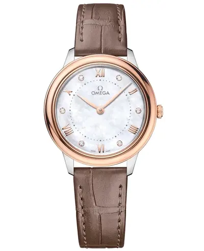 Omega De Ville Prestige Quartz 30mm Mother of Pearl Diamond Dial Taupe Leather Strap Model 434.23.30.60.55.001 (arb10594)