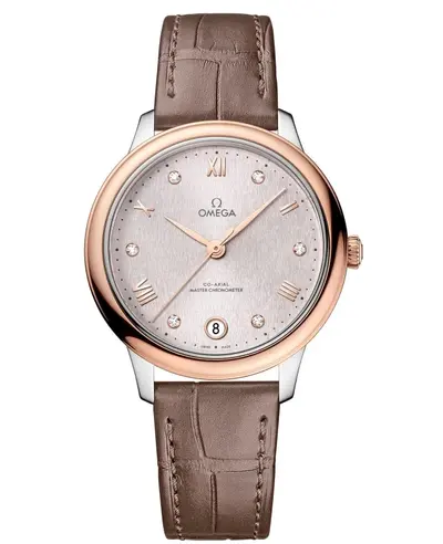 Omega De Ville Prestige Co-Axial Master Chronometer (434.23.34), Women's Watch, Silver Diamond Dial, Taupe Alligator Leather Strap 434.23.34.20.52.003 (arb10598)