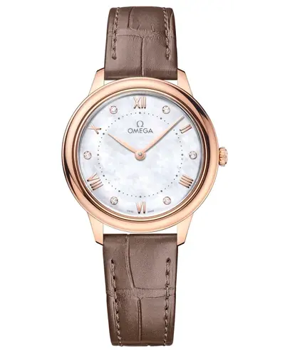 Omega De Ville Prestige Quartz 30mm Mother of Pearl Diamond Dial Taupe Leather Strap Women's Watch Model:434.53.30.60.55.001 (arb10617)