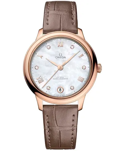 Omega De Ville Prestige Co-Axial Master Chronometer 434.53.34.20.55.001 - Mother of Pearl Diamond Dial, 18K Rose Gold, Taupe Alligator Strap (arb10619)