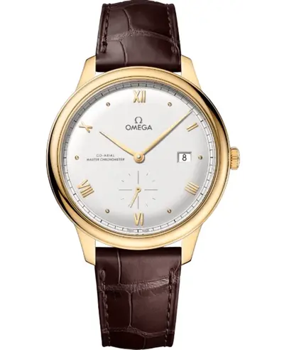 Omega De Ville Prestige Co-Axial Master Chronometer Small Seconds 41mm Automatic Silver Dial with Yellow Gold Case and Brown Alligator Strap, Model: 434534120.02-001 434.53.41.20.02.001 (arb10623)