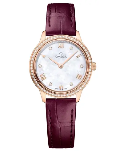 Omega De Ville Prestige Quartz 43458286055001 Mother of Pearl Dial Diamond Bezel 18K Rose Gold Burgundy Leather Strap Women's Watch 434.58.28.60.55.001 (arb10631)