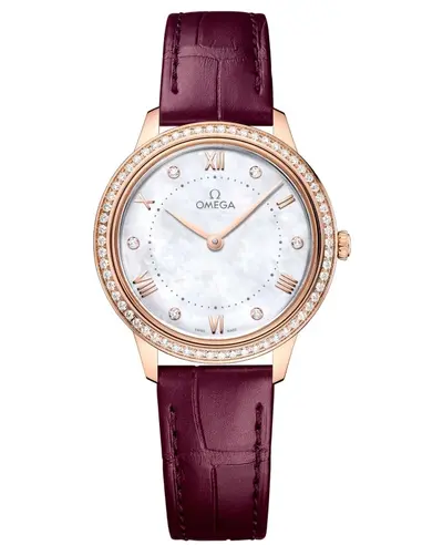 Omega De Ville Prestige Quartz Mother of Pearl Dial Diamond Bezel Burgundy Leather Strap Watch Model 43458306055001 434.58.30.60.55.001 (arb10633)