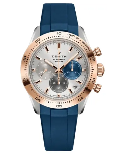 Zenith Chronomaster Sport Automatic Chronograph Silver Dial 18K Rose Gold Bezel Blue Rubber Strap Men's Watch Model:51.3100.3600/69.r950 (arb10751)