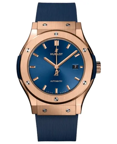 Hublot Classic Fusion Model 542.OX.7180.RX: 42mm King Rose Gold Automatic Watch with Blue Dial and Rubber Strap (blue, arb10916)