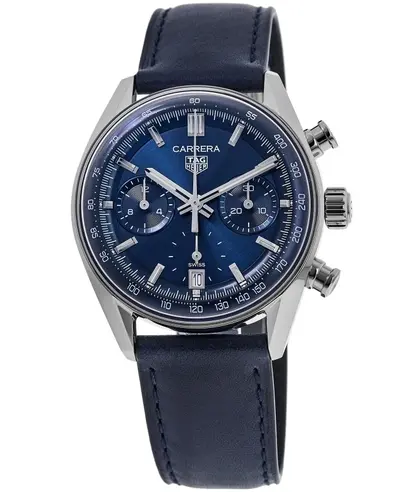 Brand New Tag Heuer Carrera Chronograph CBS2212.FC6535 39mm Automatic Stainless Steel Men's Watch with Blue Dial, Polished Clasp & Leather Strap (blue, arb11593)