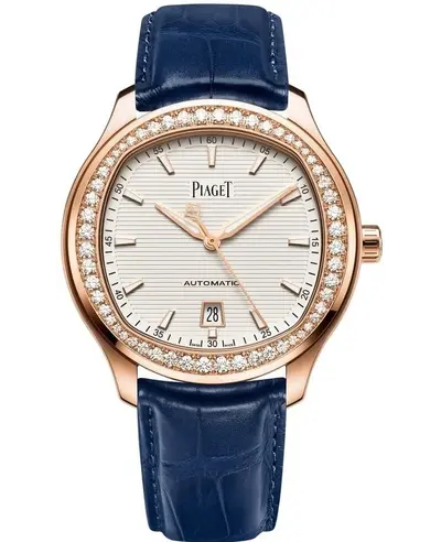 Piaget Polo Date Automatic White Dial 18K Rose Gold Diamond Bezel Blue Leather Strap Women's Watch Model G0A44010 (white, arb11680)