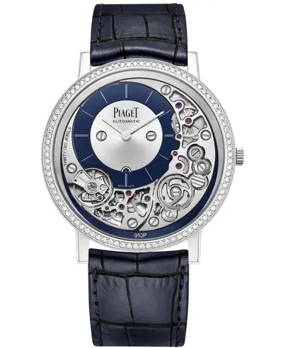 Piaget Altiplano Ultimate Automatic G0A45121 Men's Watch Silver Dial 18K White Gold Case Diamond Bezel Blue Alligator Leather Strap (arb11704)