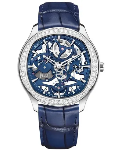 Piaget Polo Skeleton Automatic Blue Dial 18K White Gold Diamond Bezel Leather Strap Men's Watch Model G0A46010 (arb11721)