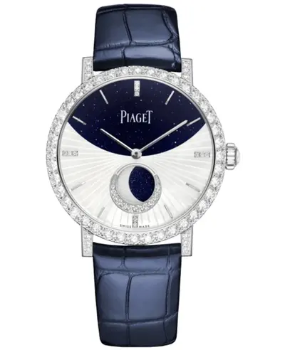 Piaget Altiplano Automatic Moonphase Women's Luxury Watch Model G0A47105 18K White Gold Mother of Pearl Dial Diamond Bezel Blue Leather Strap (arb11737)